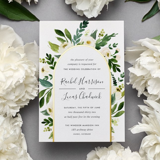 Invitación Con Relieve Metalizado Alabaster | Boda del arco floral verde y blanco (Subido por el creador)