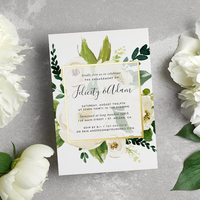Invitación Con Relieve Metalizado Alabaster Floral Engagement Party Gold (Subido por el creador)