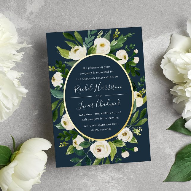 Invitación Con Relieve Metalizado Alabaster | Marco floral verde y blanco para boda (Subido por el creador)