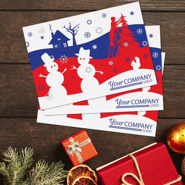 Invitación Con Relieve Metalizado Aldea de los Hombres de Nieve Azul Rojo, Navidades (red blue company holiday greeting cards, blue logo red logo client business Christmas cards snowmen)
