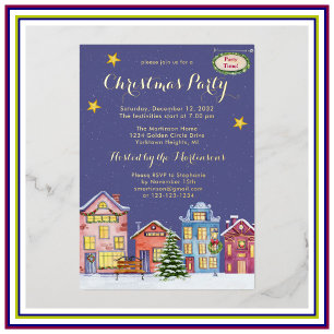 Invitación Con Relieve Metalizado Aldea de Navidad con Acuarela de Nieve Fiesta de N