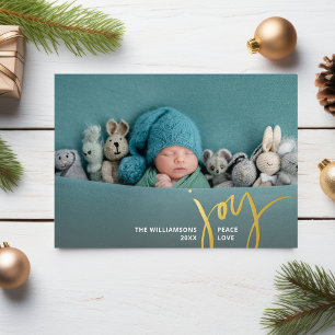 Invitación Con Relieve Metalizado Alegría Paz Amor Navidad Caligrafía 2 Fotos Oro