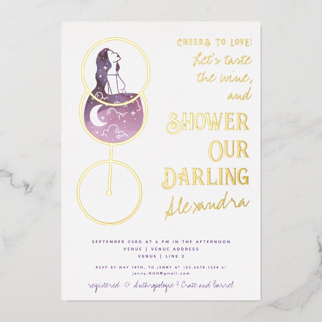 Invitación Con Relieve Metalizado Alegría Por El Vino Dando Una Elegante Ducha Brida (Anverso)