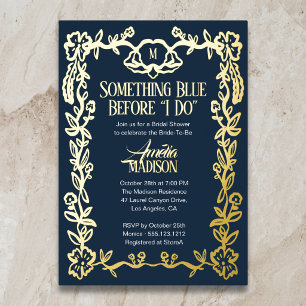 Invitación Con Relieve Metalizado Algo Azul Vintage Floral Lluvia de Novia