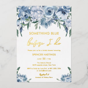 Invitación Con Relieve Metalizado Algo de Blue Floral Bridal Shower Gold