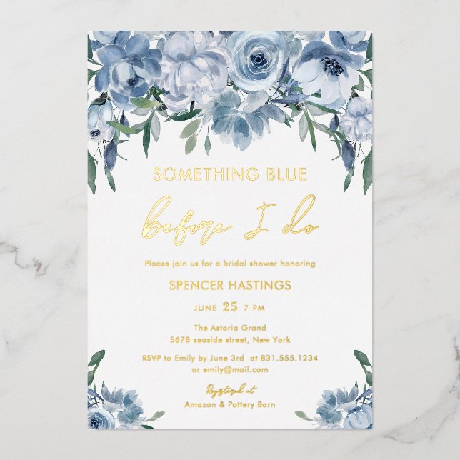 Invitación Con Relieve Metalizado Algo de Blue Floral Bridal Shower Gold (Anverso)