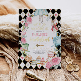 Invitación Con Relieve Metalizado Alicia en el Onederland Mad Tea Fiesta 1er cumplea