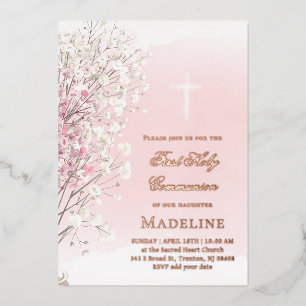 Invitación Con Relieve Metalizado aliento de bebé acuarela rosa    Primera Comunión