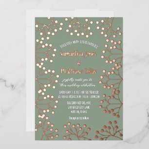 Invitación Con Relieve Metalizado Aliento de Bebé Floral Verde Salvia Hoja de Oro Bo
