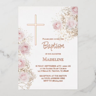 Invitación Con Relieve Metalizado aliento de bebé y rosas rosadas Bautizo