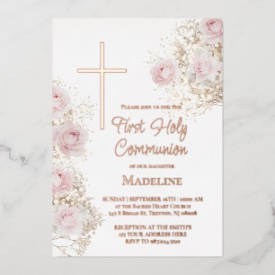 Invitación Con Relieve Metalizado aliento de bebé y rosas rosadas Primera Comunión