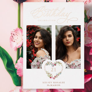 Invitación Con Relieve Metalizado All Birthday Real Rose Gold 2 Photos Floral Heart 