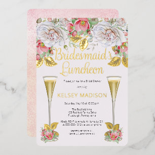 Invitación Con Relieve Metalizado Almuerzo de Damas de Honor con Floraciones de Rosa