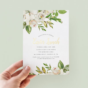 Invitación Con Relieve Metalizado Almuerzo de Pascua Gilded Blooms
