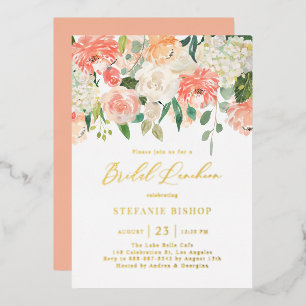 Invitación Con Relieve Metalizado Almuerzo Nupcial de Flores de Acuarela Melocotón y