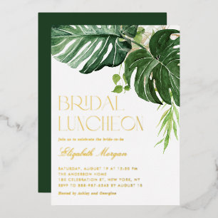Invitación Con Relieve Metalizado Almuerzo Nupcial de Hojas de Monstera en Acuarela