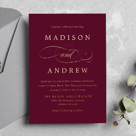 Invitación Con Relieve Metalizado Amada Boda con Caligrafía en Burgundy y Dorado