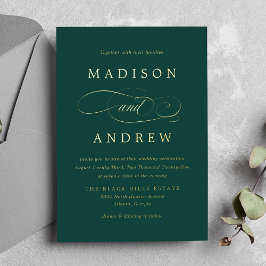 Invitación Con Relieve Metalizado Amada Boda de Caligrafía en Verde Esmeralda y Dora