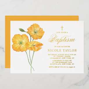 Invitación Con Relieve Metalizado Amapolas Florales de Acuarela Naranja Bautizo de V
