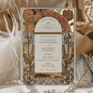 Invitación Con Relieve Metalizado Amaranto Naranja Boda Hojalata Art Nouveau Mucha