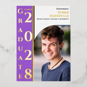 Invitación Con Relieve Metalizado Amarillo Blanco Púrpura Negro Graduación Foto Oro