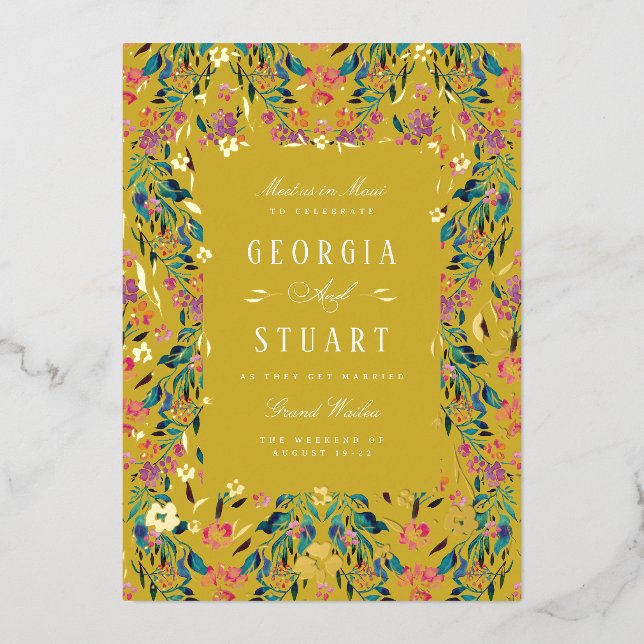 Invitación Con Relieve Metalizado Amarillo del Citrino del Glam Tropical (Anverso)