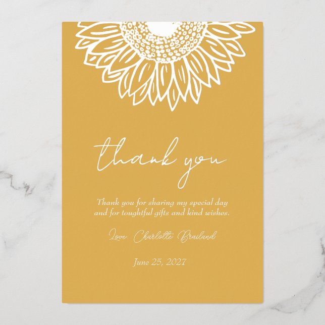 Invitación Con Relieve Metalizado Amarillo Girasol Floral Moderna Gracias (Anverso)