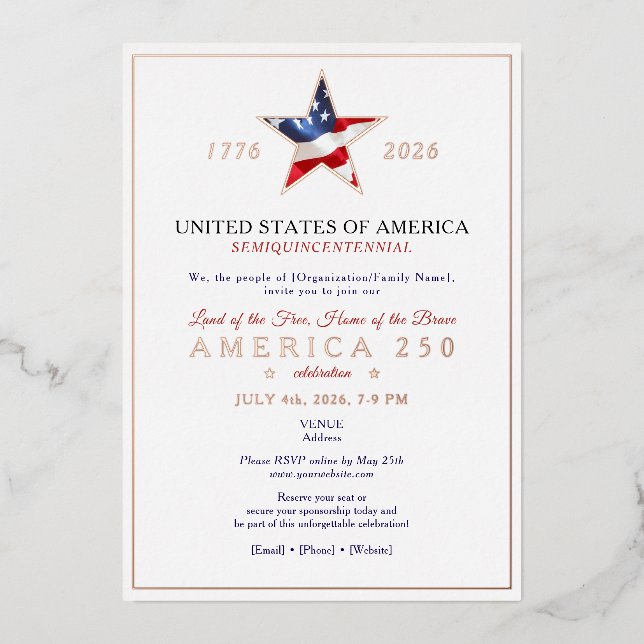 Invitación Con Relieve Metalizado America 250 Patriotic Anniversary Fundraising Gala (Anverso )