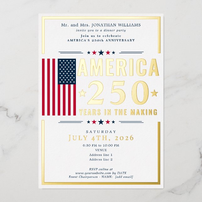 Invitación Con Relieve Metalizado America 250 US Flag Patriotic July 4th Blue Formal (Anverso)
