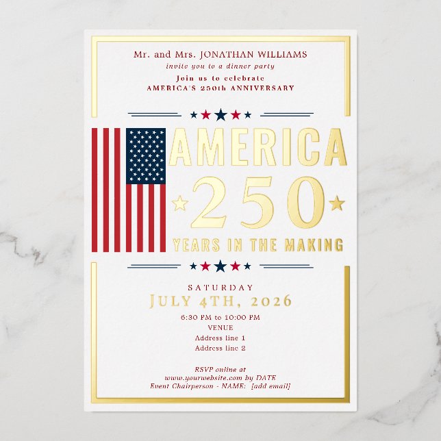 Invitación Con Relieve Metalizado America 250 USA Flag Patriotic July 4th Red Formal (Anverso)