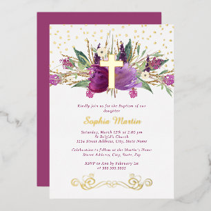 Invitación Con Relieve Metalizado Amethyst brillante Cruz de Bautismo brillante