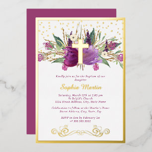 Invitación Con Relieve Metalizado Amethyst Cross de Bautizo Morado Brillante Relucie