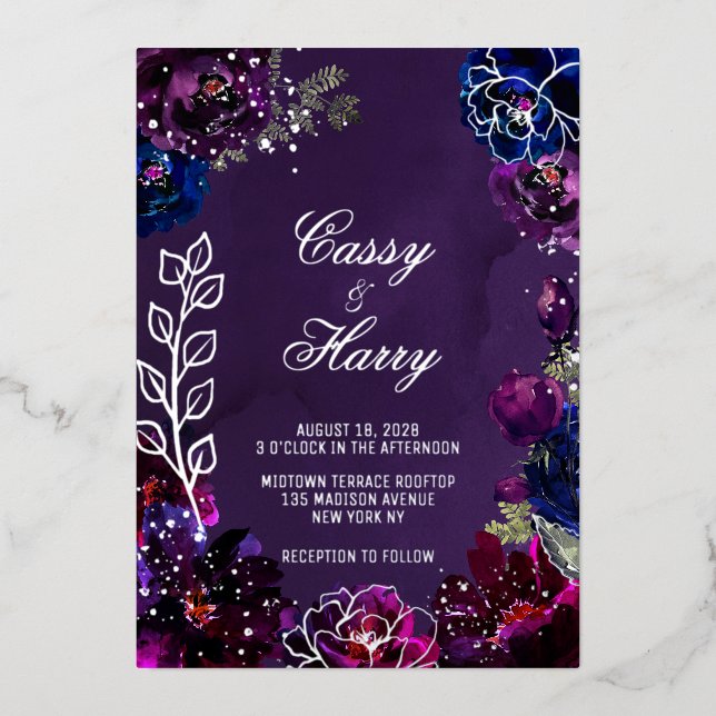 Invitación Con Relieve Metalizado Amethyst Sapphire Jewel Tones Surname Boda (Anverso)