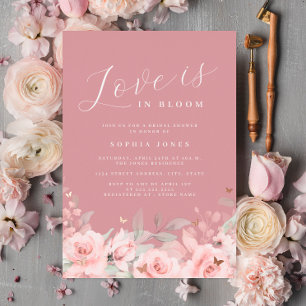 Invitación Con Relieve Metalizado Amor de Rosa Dorado en Flor Rosa Claro Baby Shower