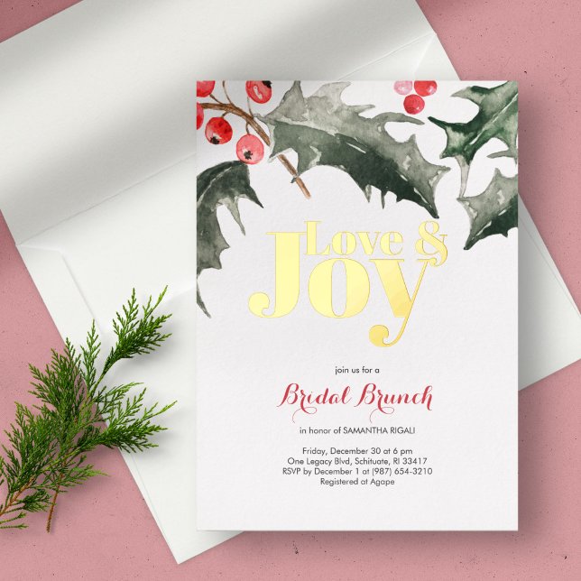 Invitación Con Relieve Metalizado Amor y alegría Botánica Holly y Berries Bridal Sho (Subido por el creador)