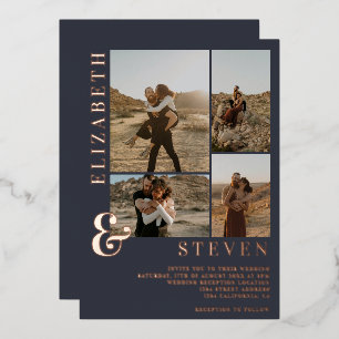 Invitación Con Relieve Metalizado Ampersand azul rejilla de 4 fotos boda oro rosa