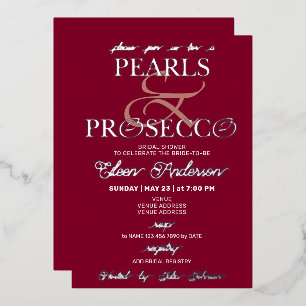 Invitación Con Relieve Metalizado Ampersand Burgundy Pearls & Prosecco Bridal Shower