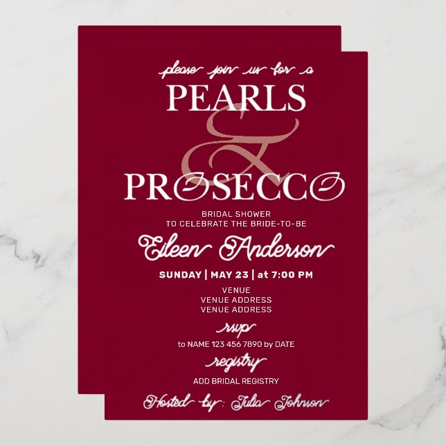 Invitación Con Relieve Metalizado Ampersand Burgundy Pearls & Prosecco Bridal Shower (Anverso/Reverso)