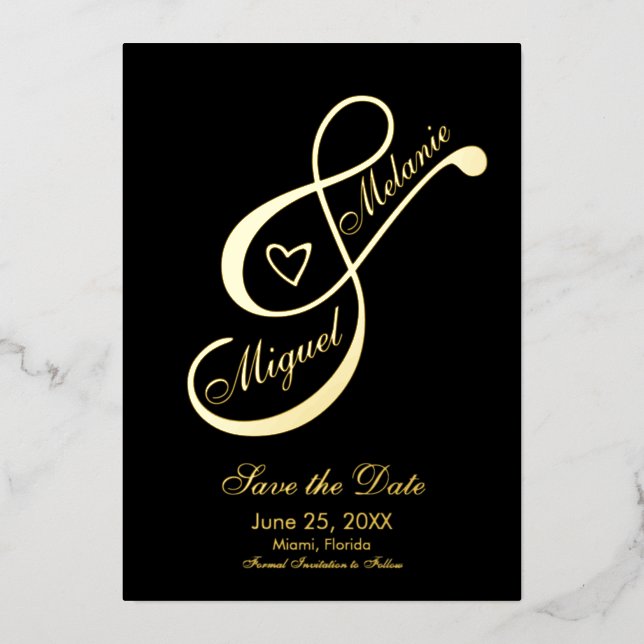 Invitación Con Relieve Metalizado Ampersand Heart Black Save the Date Press (Anverso)
