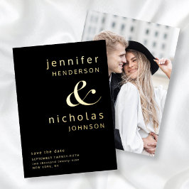 Invitación Con Relieve Metalizado Ampersand Moderno Foto Save The Date Negro Oro