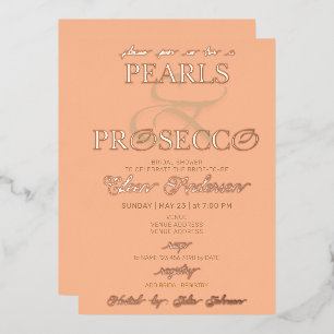 Invitación Con Relieve Metalizado Ampersand Peach Fuzz Pearls Prosecco Bridal Shower