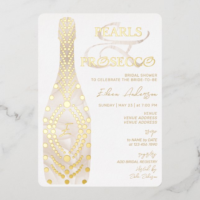 Invitación Con Relieve Metalizado Ampersand Pearls & Prosecco Bridal Shower Gold (Anverso)
