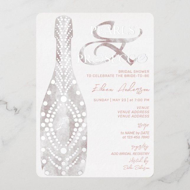 Invitación Con Relieve Metalizado Ampersand Pearls & Prosecco Bridal Shower Silver (Anverso)