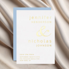 Invitación Con Relieve Metalizado Ampersand Powder Blue Wedding Save The Date Gold