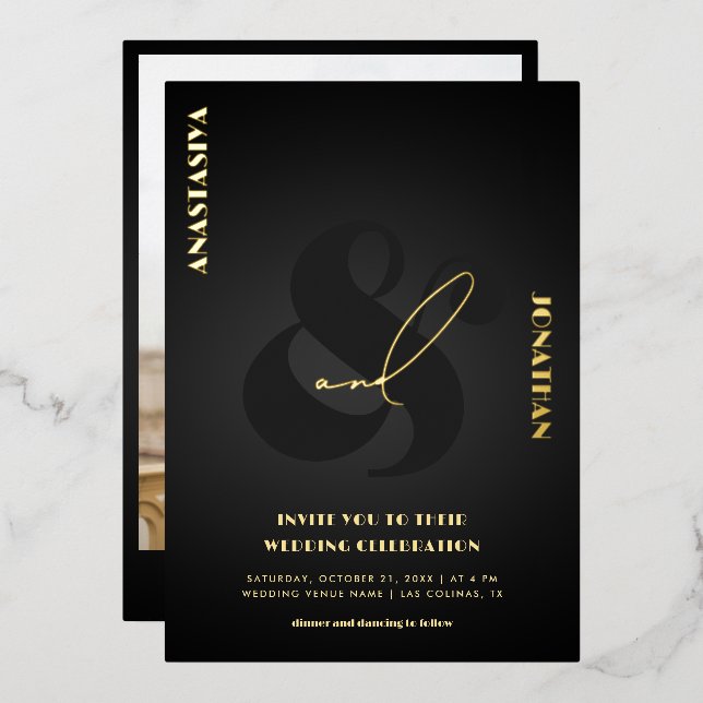 Invitación Con Relieve Metalizado Ampersand Stylish Black Dark Boda Real (Anverso/Reverso)