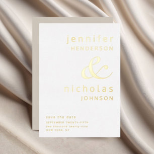 Invitación Con Relieve Metalizado Ampersand Taupe Beige Wedding Save The Date Gold