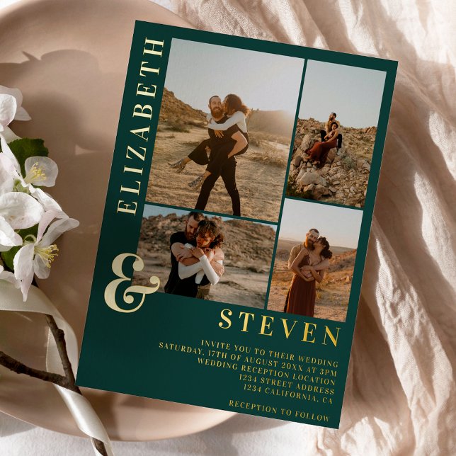 Invitación Con Relieve Metalizado Ampersand verde 4 cuadrícula de fotos boda con lám (Subido por el creador)