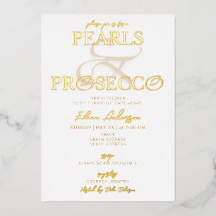 Invitación Con Relieve Metalizado Ampersand White Pearls & Prosecco Bridal Shower