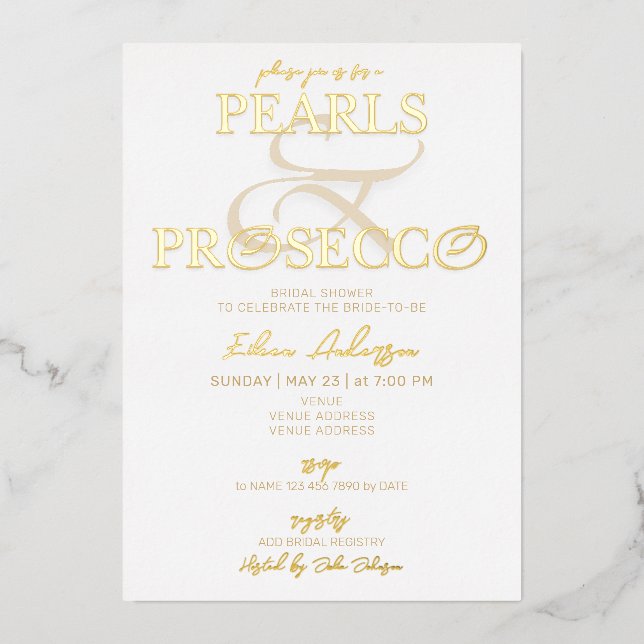 Invitación Con Relieve Metalizado Ampersand White Pearls & Prosecco Bridal Shower (Anverso)