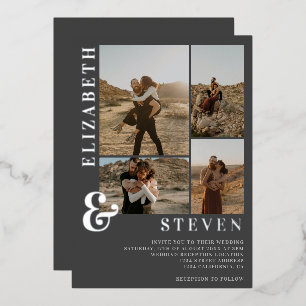 Invitación Con Relieve Metalizado Ampersor gris y boda de la cuadrícula fotográfica 